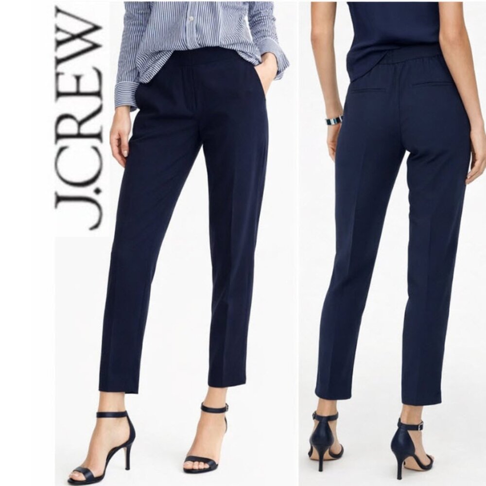 J.Crew Linen Navy Ankle Pants Slim Straight Elastic Waist Size 4